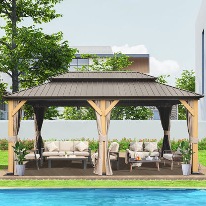 Domi 12x20 ft Wood Gazebo, Cedar Wood Frame Hardtop Gazebo with Galvanized Steel Double Roof, Outdoor Gazebo with Netting and Curtains, Patio Gazebo Pergola Pavilion for Patio, Backyard, Deck, Lawns