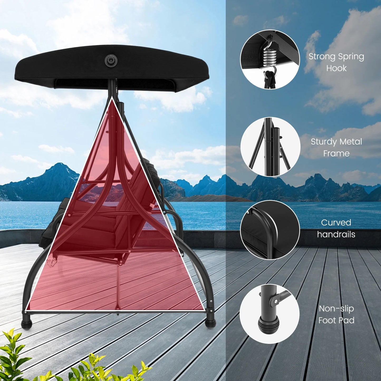 Costway 3-Seat Outdoor Converting Patio Swing Glider Adjustable Canopy Porch Swing Black