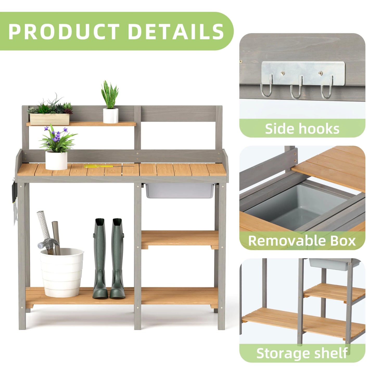 Wooden Potting Bench Table with Sink, Outdoor Garden Table Work Bench with Shelf, Workstation for Outside Patio Lawn