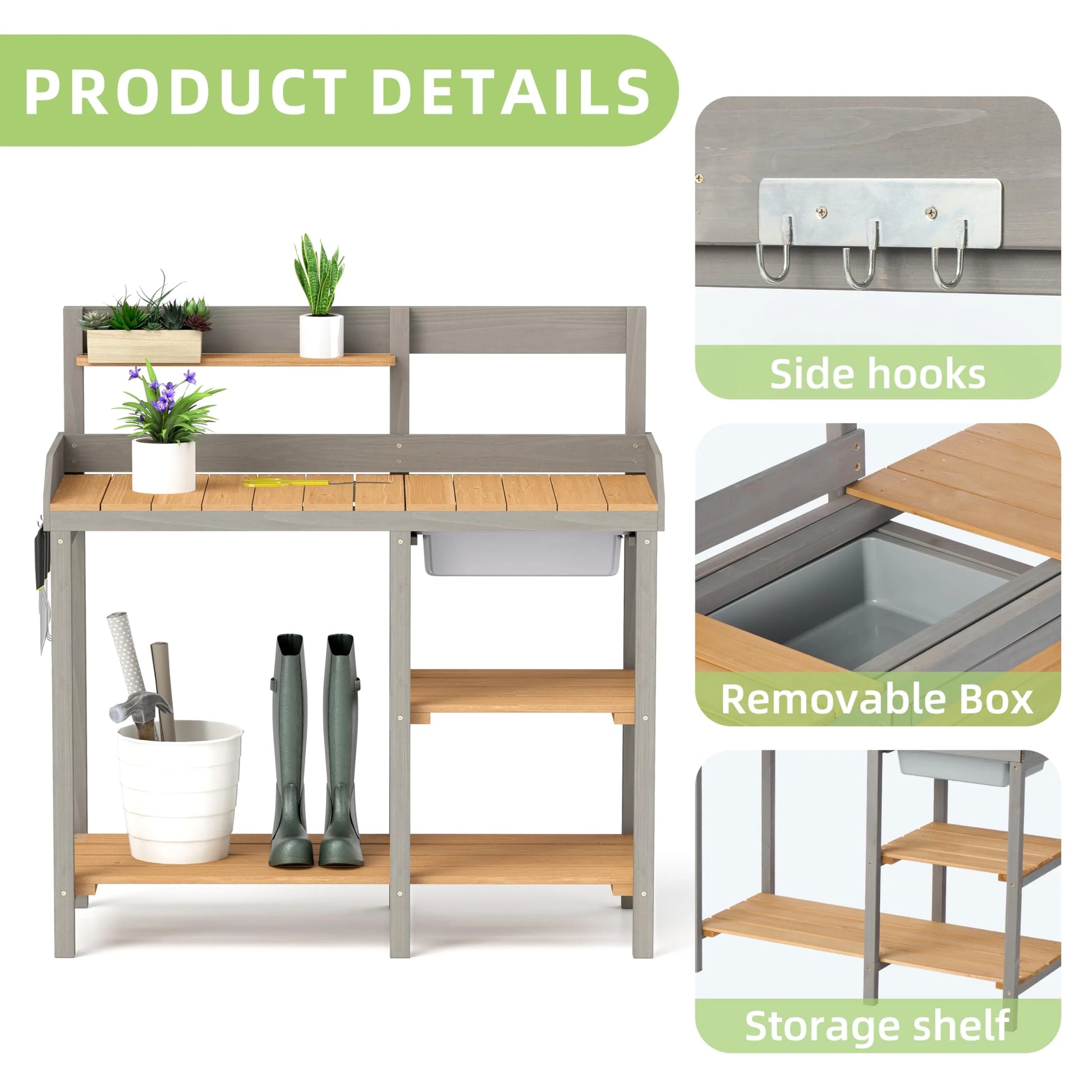 Wooden Potting Bench Table with Sink, Outdoor Garden Table Work Bench with Shelf, Workstation for Outside Patio Lawn