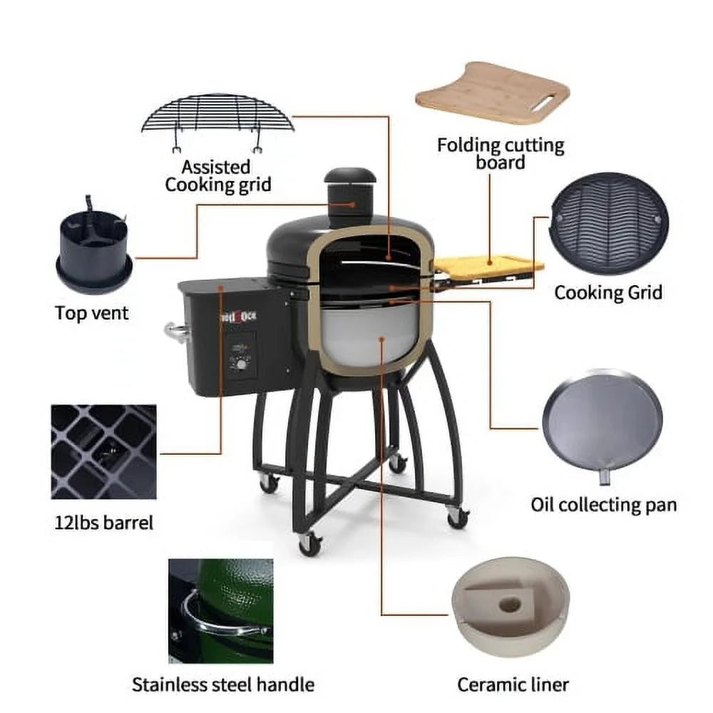 24 "Ceramic Pellet Grill with 19.6" diameter Gridiron Double Ceramic Liner 4-in-1 Smoked Roasted BBQ Pan-roasted for Outdoors Patio,Black