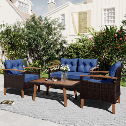 4 Piece Garden Furniture Set, Patio Seating Set with Wood Table, PE Rattan Sofa and 2 Chairs, Outdoor Conversation Set with Table Cover, Pillows and Adjustable Feet, Brown+Beige