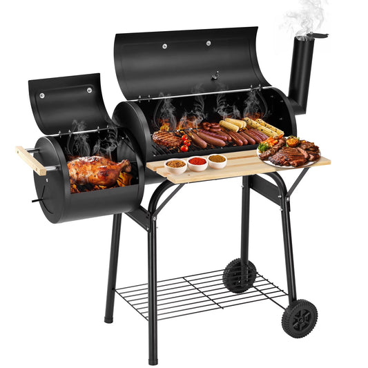Sesslife 44" Portable Charcoal Grill, with Offset Smoker, Wood Shelf, Thermometer, Wheels, Charcoal BBQ Grill for Outdoor Picnic, Patio, Backyard, Camping, JA1170
