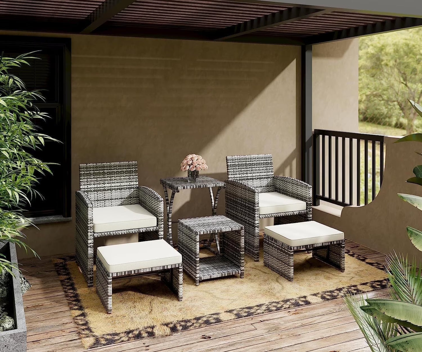 6 Piece Patio Furniture Conversation Set with Ottoman, Outdoor Black& Grey Wicker Chair and Table Set with Beige Cushion, Balcony Furniture for Apartments. (Black)