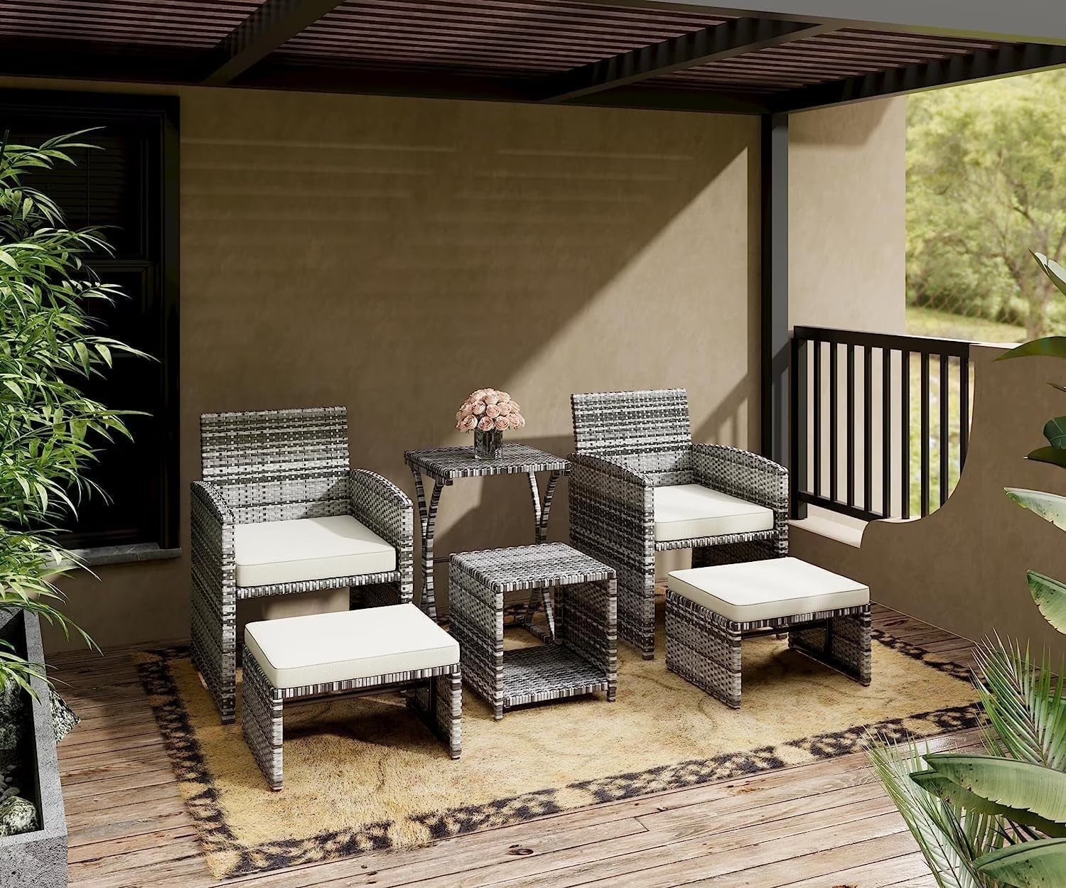 6 Piece Patio Furniture Conversation Set with Ottoman, Outdoor Black& Grey Wicker Chair and Table Set with Beige Cushion, Balcony Furniture for Apartments. (Black)
