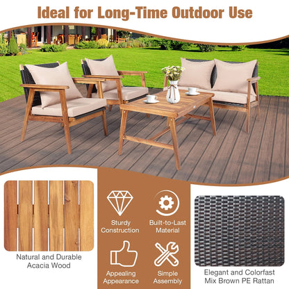 Patiojoy 8PCS Patio Rattan Furniture Set Wood Frame Cushioned Sofa with Coffee Table Sectional Conversation Sofa Set for Garden Brown