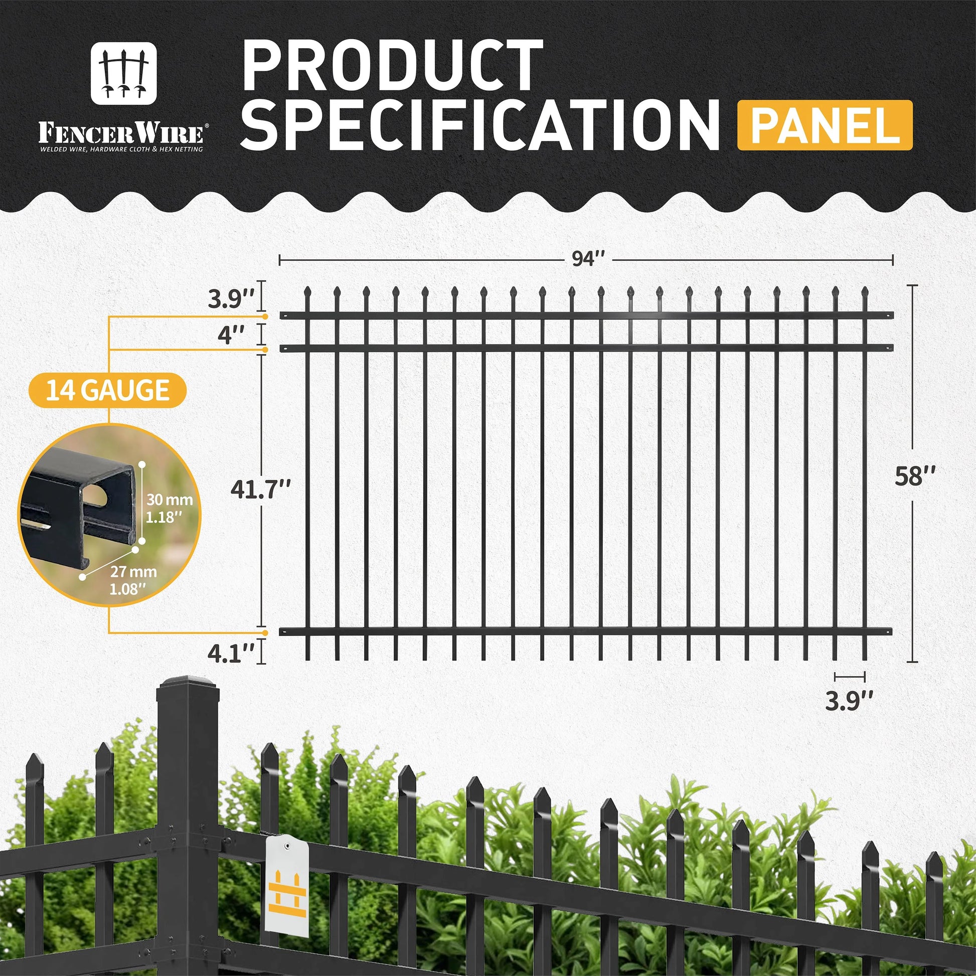 Fencer Wire Pack of 5 Heavy Duty Pinnacle Fence Barrier Panel, 5FT Height X 8FT Width Anti-Rust Metal Fencing Panel, 2 in. Diameter Steel Outdoor Decorative Garden Fence Panel for Yard, Pool, Patio