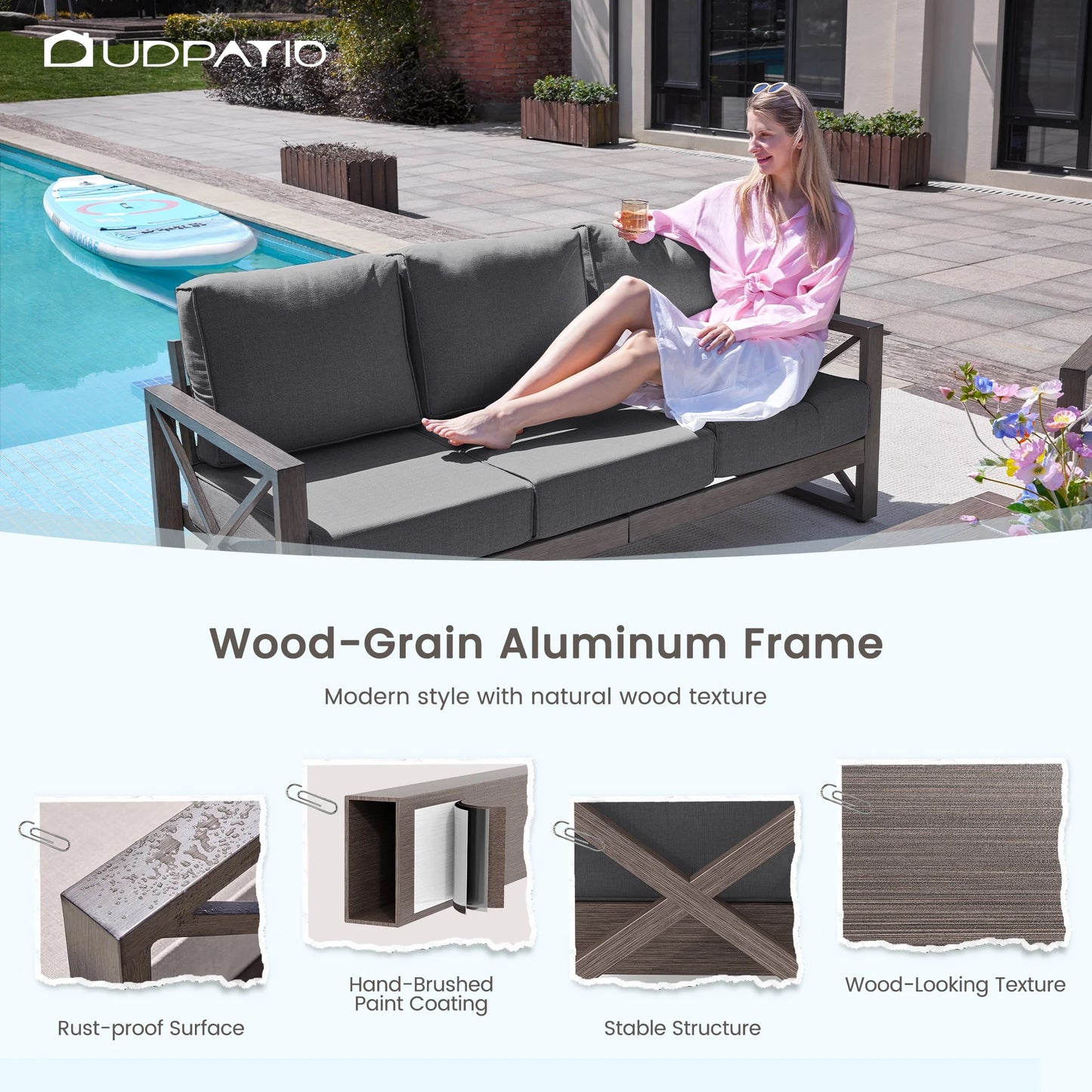 MRUAKA 5 Piece Aluminum Patio Furniture Set Faux Wood Grain Modern Outdoor Furniture Set with 6" Olefin Fabric Cushions and Coffee Table, 600D Waterproof Cover Included, Dark Grey