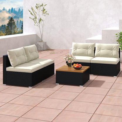 Gymax 5PCS Rattan Patio Conversation Sofa Set Outdoor Furniture Set w/Off White Cushions
