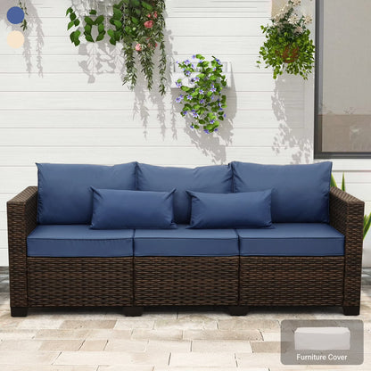 3-Seat Patio Wicker Sofa Outdoor Rattan Couch Furniture Steel Frame with High Back NO-Slip Cushioned, Blue