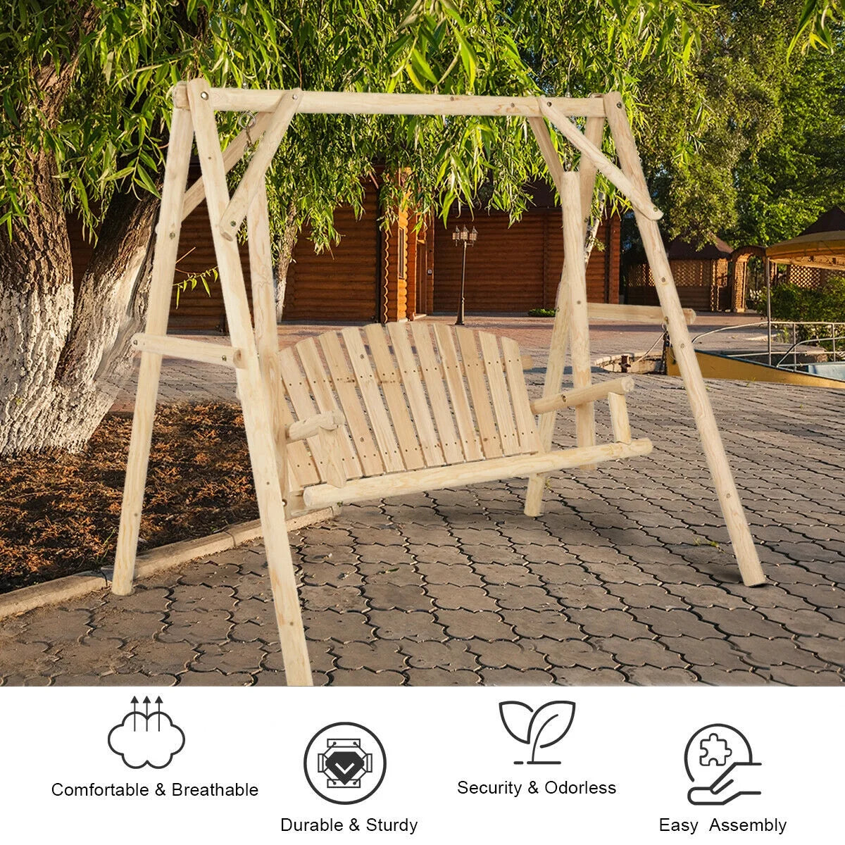 Gymax Wooden Porch Swing Outdoor Patio Rustic Torched Log Curved Back Bench A-Frame