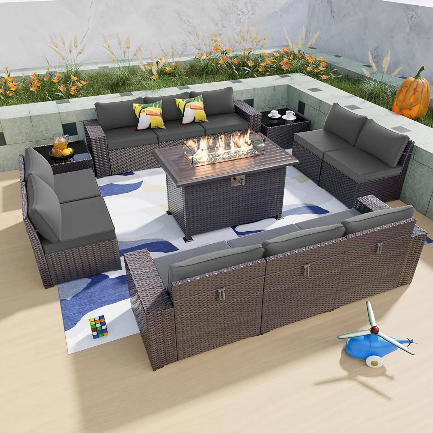 Gotland 13 Pieces Outdoor PE Rattan Wicker Patio Furniture Set with 43" Fire Pit Table Outdoor Steel