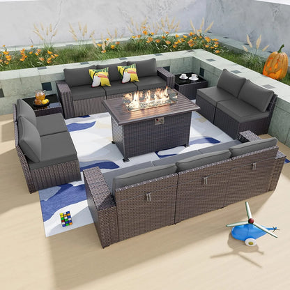 Gotland 13 Pieces Outdoor PE Rattan Wicker Patio Furniture Set with 43" Fire Pit Table Outdoor Steel