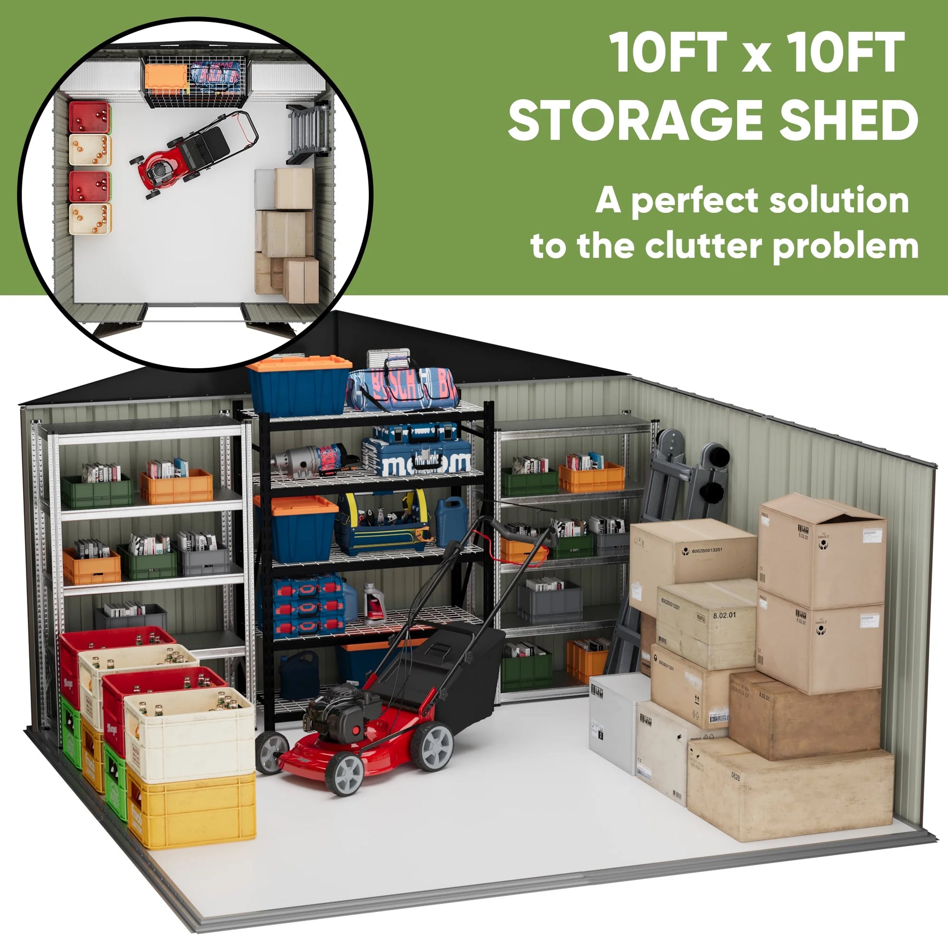 Patiowell 10 x 10 ft Outdoor Storage Metal Shed with Sloping Roof and Double Lockable Door, Brown