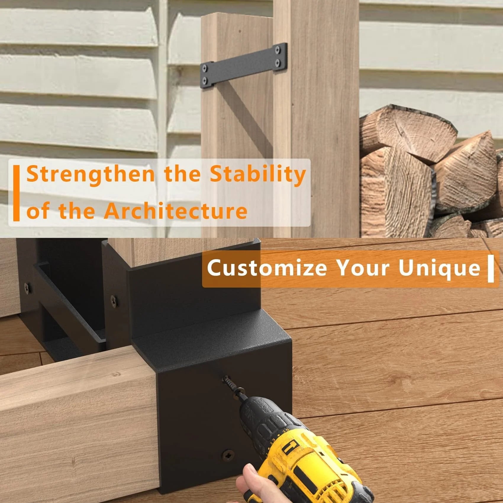 Mr IRONSTONE Adjustable Firewood Log Storage Rack Bracket Kit - Convenient Wood Rack Length Adjustment - Outdoor Indoor Patio Deck Metal Log Holder with 34 Accessories