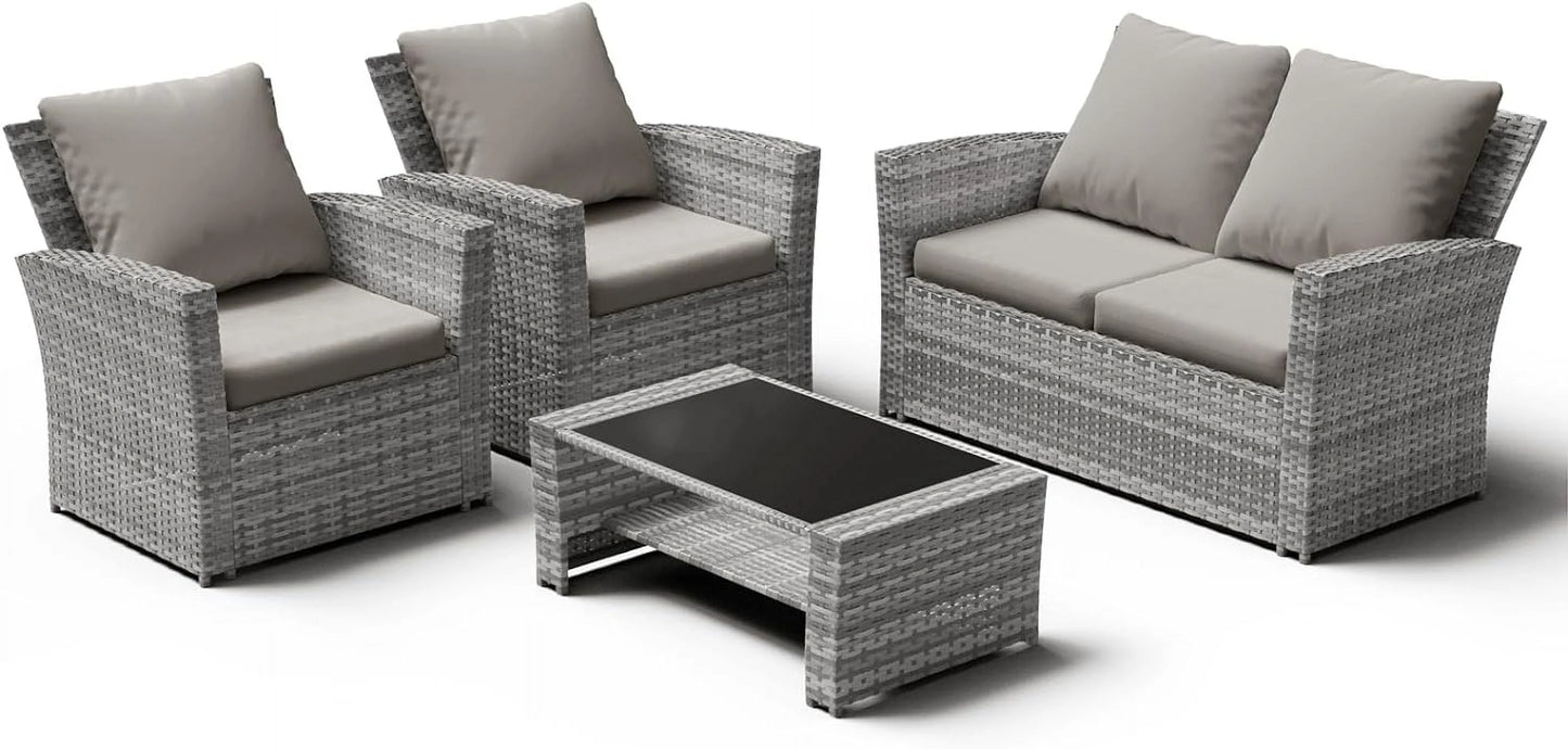 ELPOSUN Wicker Patio Furniture Set, 4 Piece Outdoor Sectional Conversation Sets, Gray PE Rattan Patio Sofa Set for Balcony, Porch, Backyard, Grey