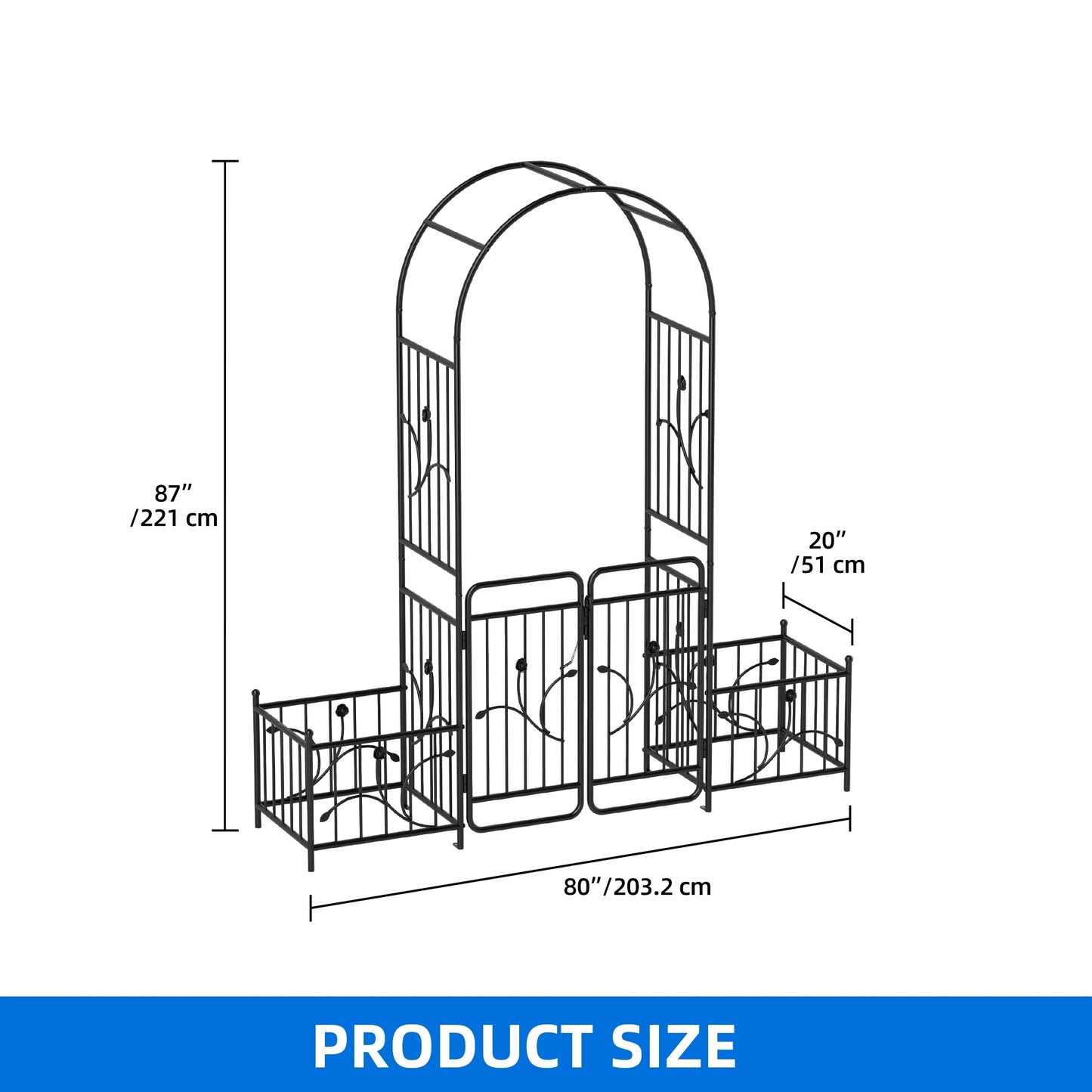 Uforic 87" Metal Garden Arbor Arch with Gate & Planter Boxes, Patio Wedding Party Lawn Arches Decoration, Black