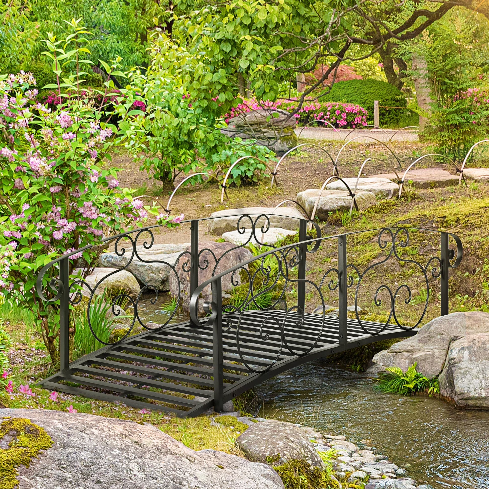 JWRWEF 6FT Garden Bridge with Safety Rails, Decorative Outdoor Steel Pond Bridge, Vine Pattern Handrails for Backyard, Walkway, Yard, Patio, Water Feature