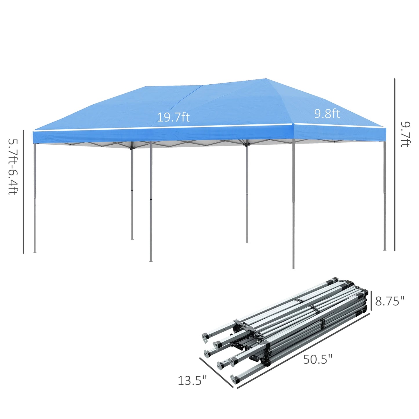 Outsunny 10' x 19' Pop Up Canopy with Easy Up Steel Frame, 3-Level Adjustable Height and Carrying Bag, Sun Shade Event Party Tent for Patio, Backyard, Garden, Blue