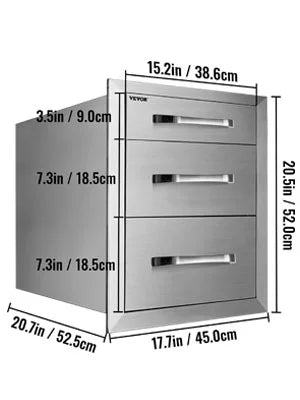 Outdoor Kitchen Drawers 18" W x 20.5" H x 20.5" D, Flush Mount Triple Access BBQ Drawers with Stainless Steel Handle, BBQ Island Drawers for Outdoor Kitchens or BBQ Island Patio Grill Station