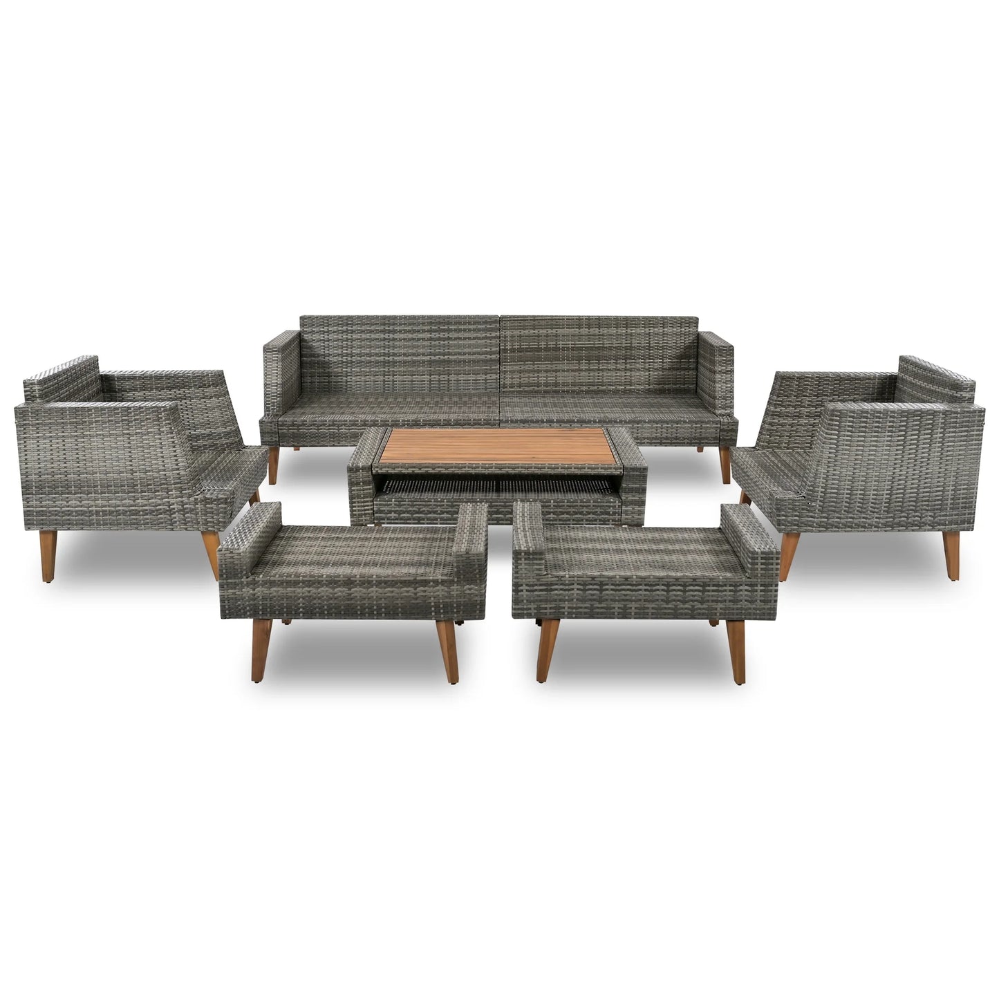 6 Pieces Wicker Patio Furniture Set Outdoor Conversation Set, All Weather PE Rattan Sectional Sofa Couch with Storage Table and Cushions, Beige