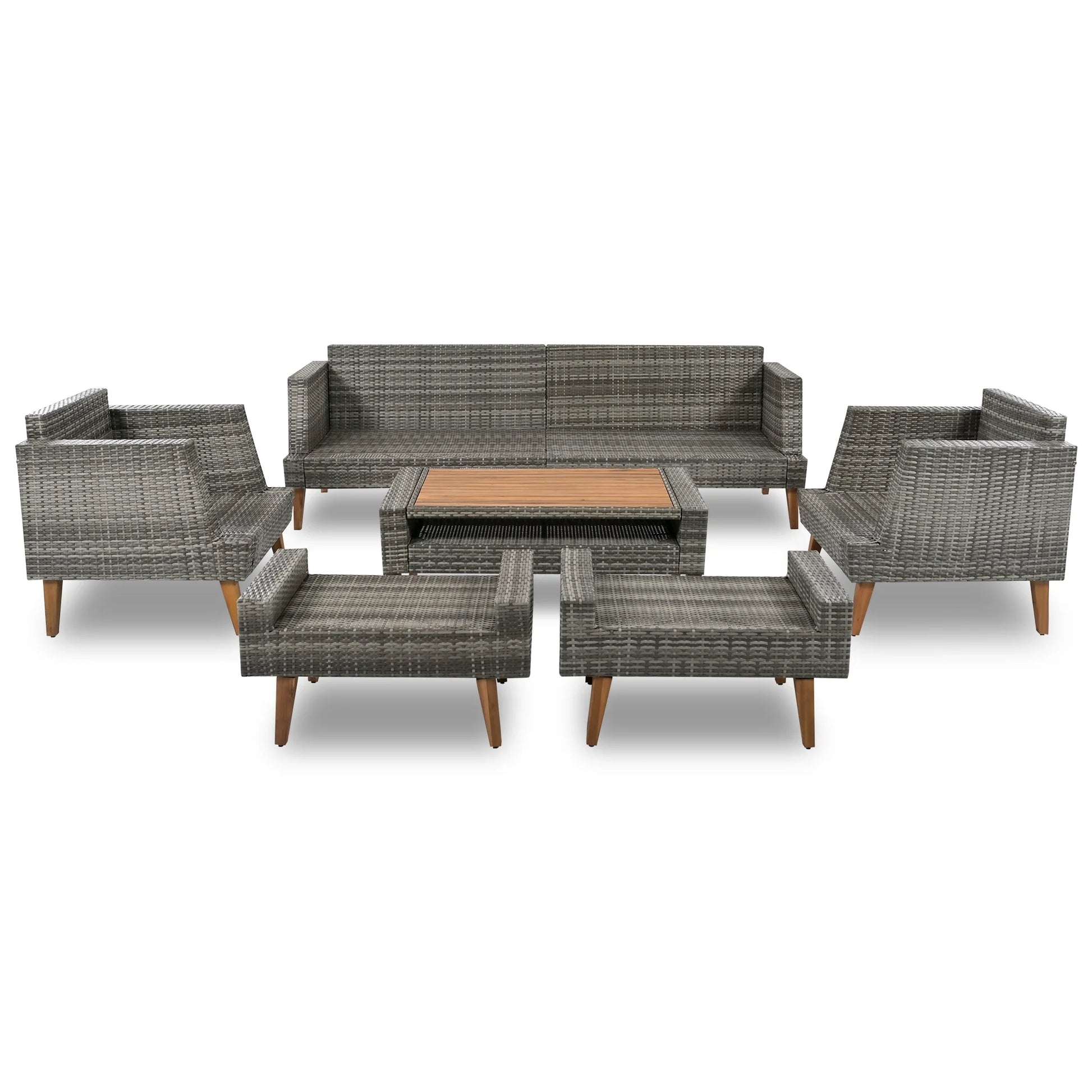 6 Pieces Wicker Patio Furniture Set Outdoor Conversation Set, All Weather PE Rattan Sectional Sofa Couch with Storage Table and Cushions, Beige
