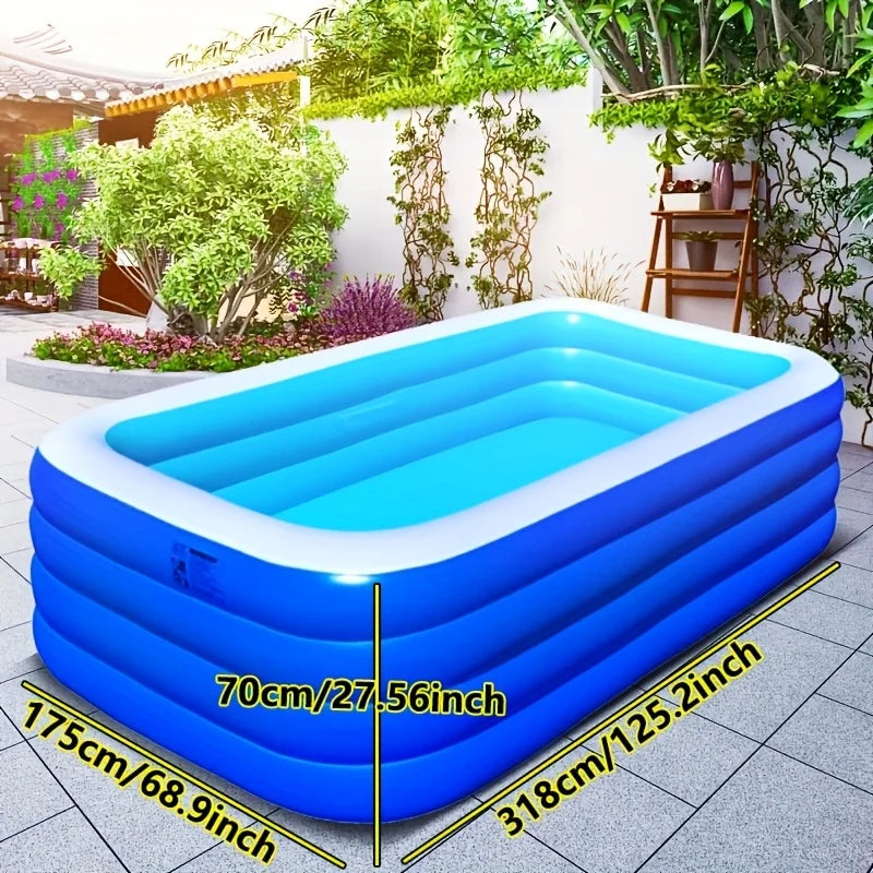 Super Large 3.1m 4-Layer Heightened & Thick Inflatable Swimming Pool - Foldable PVC Sunscreen Material, 4-Person Capacity, Blue & White Rectangular Design with Smooth Surface for Patio