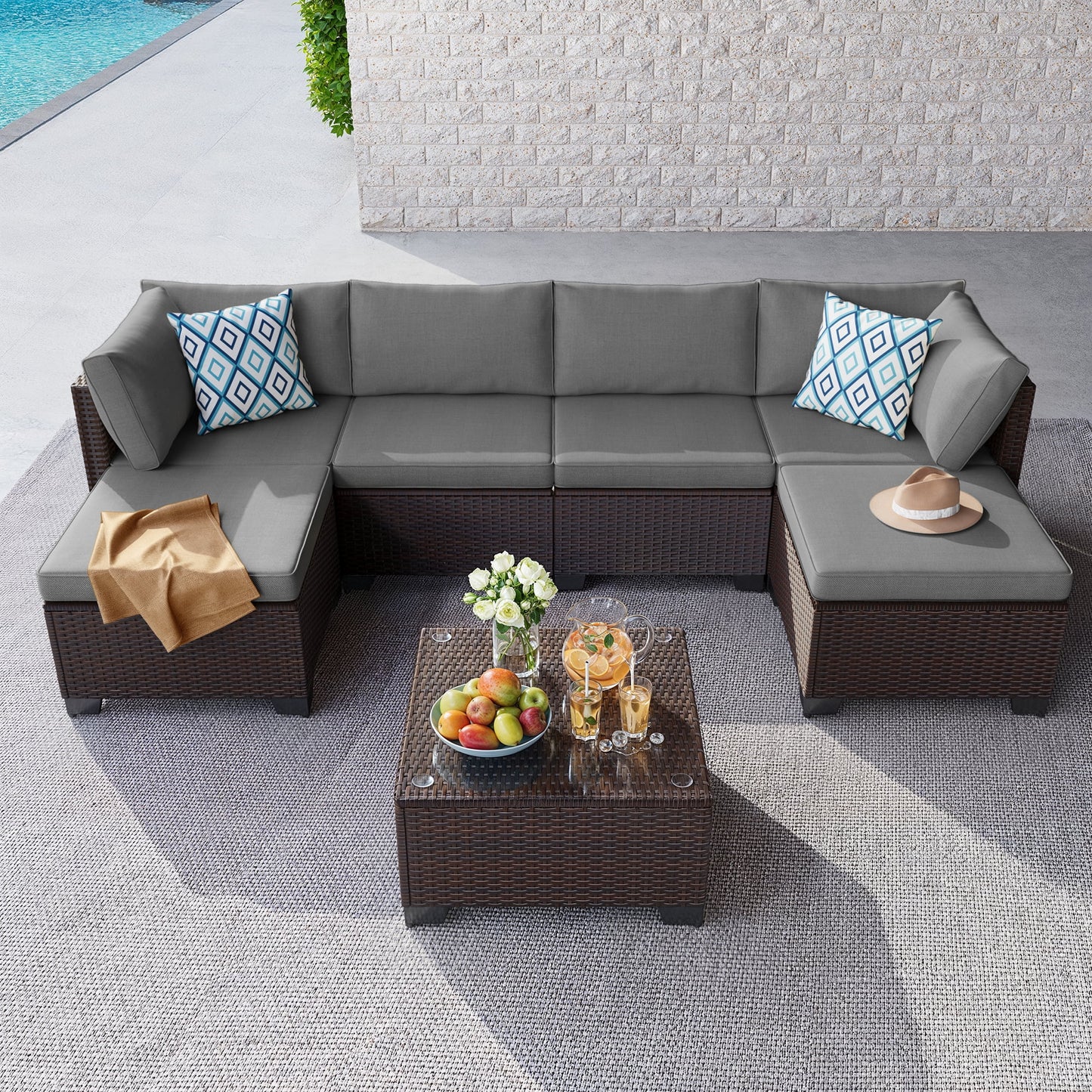 Aiho 7-Piece Rattan Patio Furniture Set , Outdoor Sectional Furniture Set for Patio, Garden, Backyard, Grey