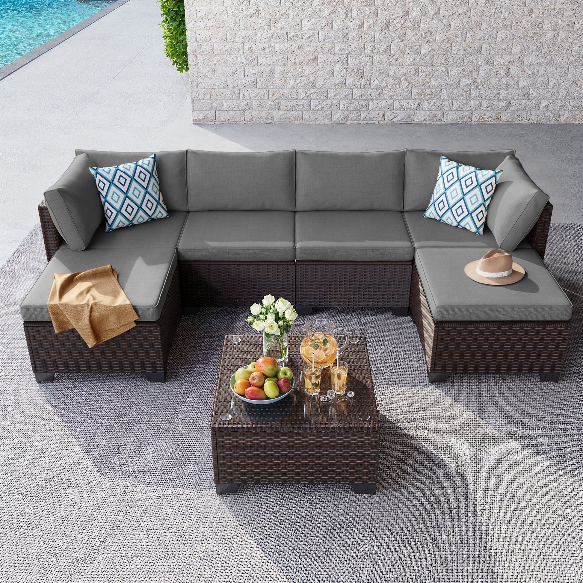 Aiho 7-Piece Rattan Patio Furniture Set , Outdoor Sectional Furniture Set for Patio, Garden, Backyard, Grey