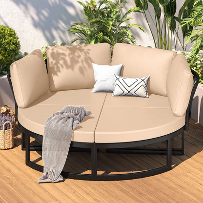 AECOJOY Metal Patio Furniture Set 73" Outdoor Conversation Set Patio Sectional Sofa Couch with Removable Cushions in Beige