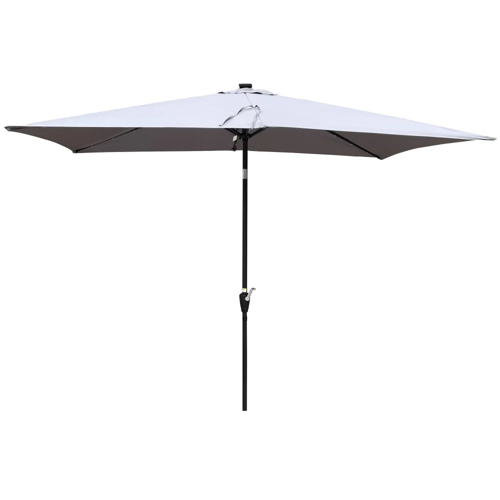 10 x 6.5t Patio Umbrella,Rectangular Picnic Table Umbrella,6-8 Chairs Tilt Umbrella with 26 LED Lights,Waterproof Umbrella Sunshade with Crank and Push Button Tilt for Garden Backyard Pool,LIGHT GREY