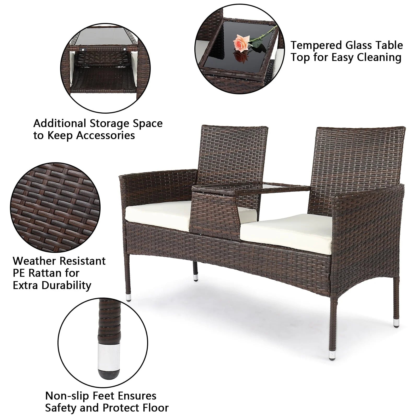 UBesGoo Patio Rattan Loveseat Table Chairs Chat Set with Waterproof Cushion, Outdoor Furniture, Wicker Conversation Set