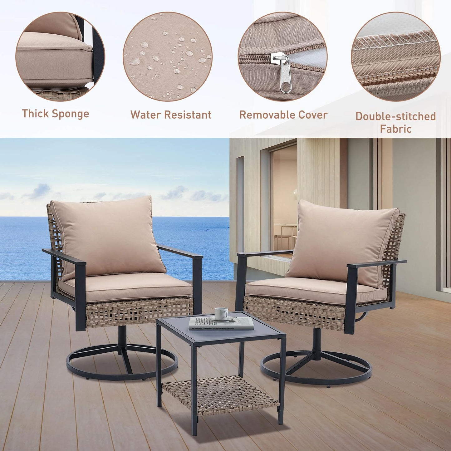 Ainfox Premium Patio Swivel Bistro Set,3-Piece Ourdoor Furniture Set,Wicker Rattan Coversation Rocking Chairs w/Glass Top Table & Cushions,Khaki