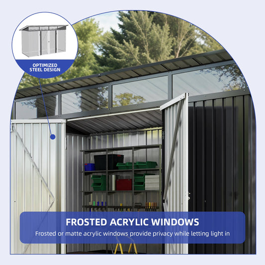 ModFusion 9x4 ft Outdoor Metal Storage Shed with Lockable Double Doors, Acrylic Glass Windows, Steel Roof, Garden Patio Bikes, Skylight, Dark Gray