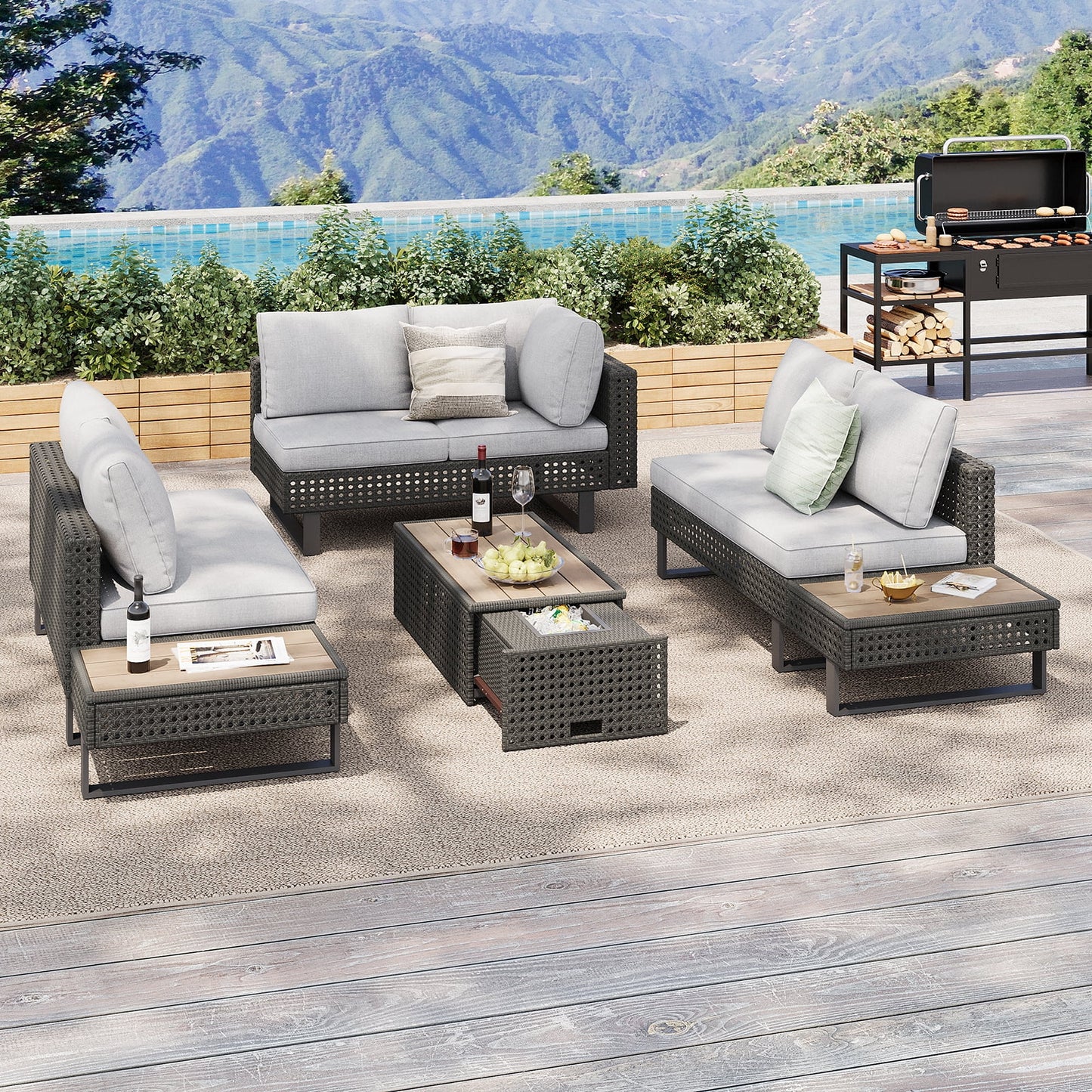 6-Piece Outdoor Sectional Furniture Set for Patio, Expandable Coffee Table w/Ice Bucket & Collapsible Seat, Deep Cushions - Khaki