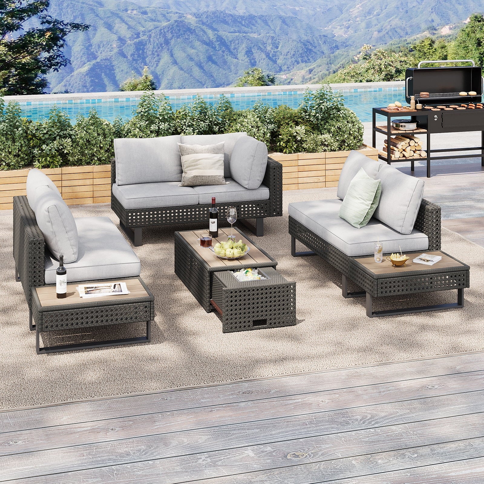 6-Piece Outdoor Sectional Furniture Set for Patio, Expandable Coffee Table w/Ice Bucket & Collapsible Seat, Deep Cushions - Khaki