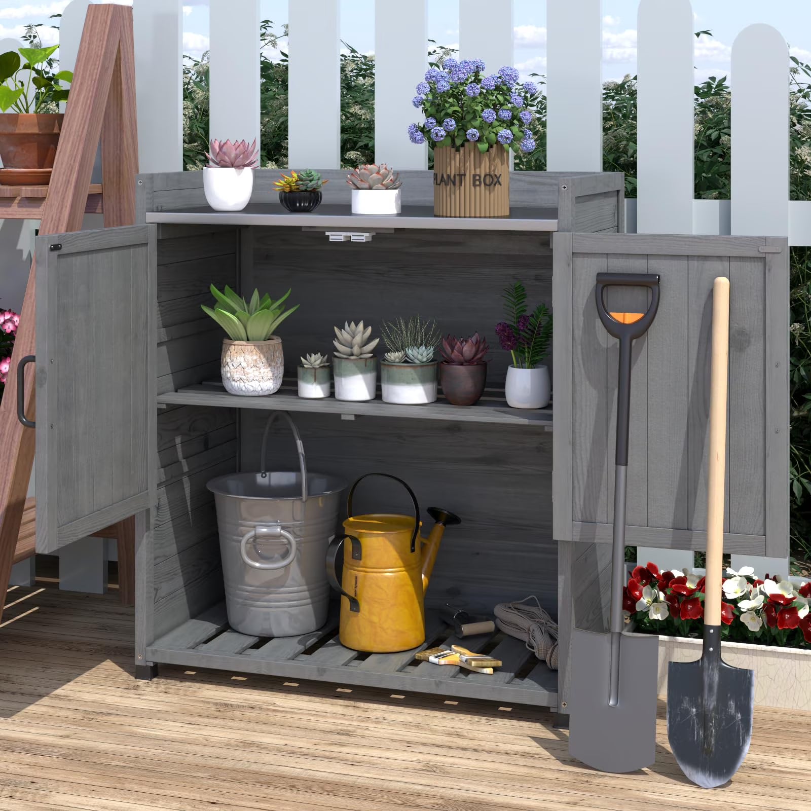 YODOLLA Potting Bench, Wooden Outdoor Storage Cabinet with Adjustable Shelf, Patio Storage with Metal Tabletop, Potting Table for Garden, Patio and Lawns, Gray
