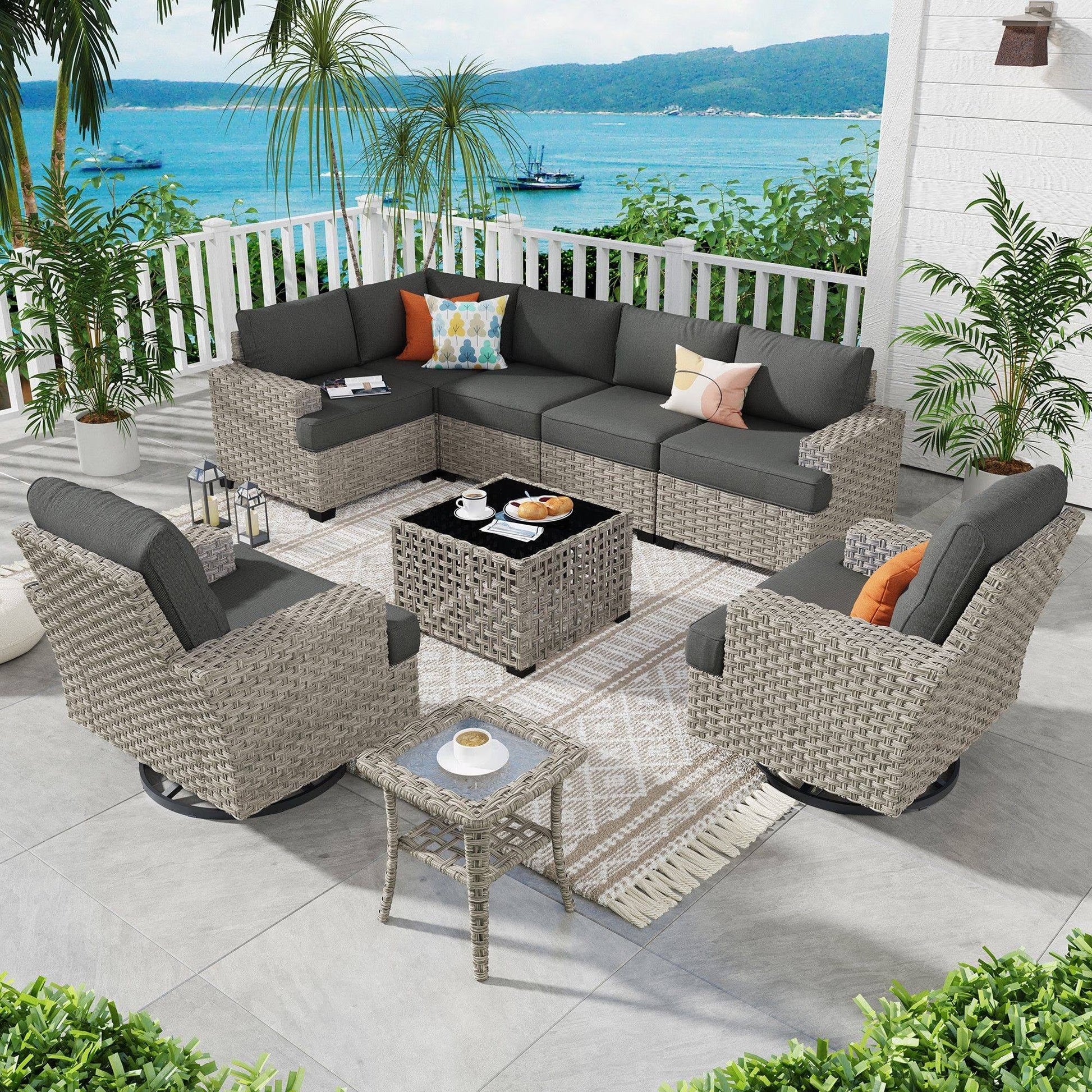 Ovios 9 Pieces Outdoor Patio Furniture with Swivel Chairs High-Back All-Weather Rattan Wicker Conversation Set Outdoor Sectional with Solar Light Coffee Table
