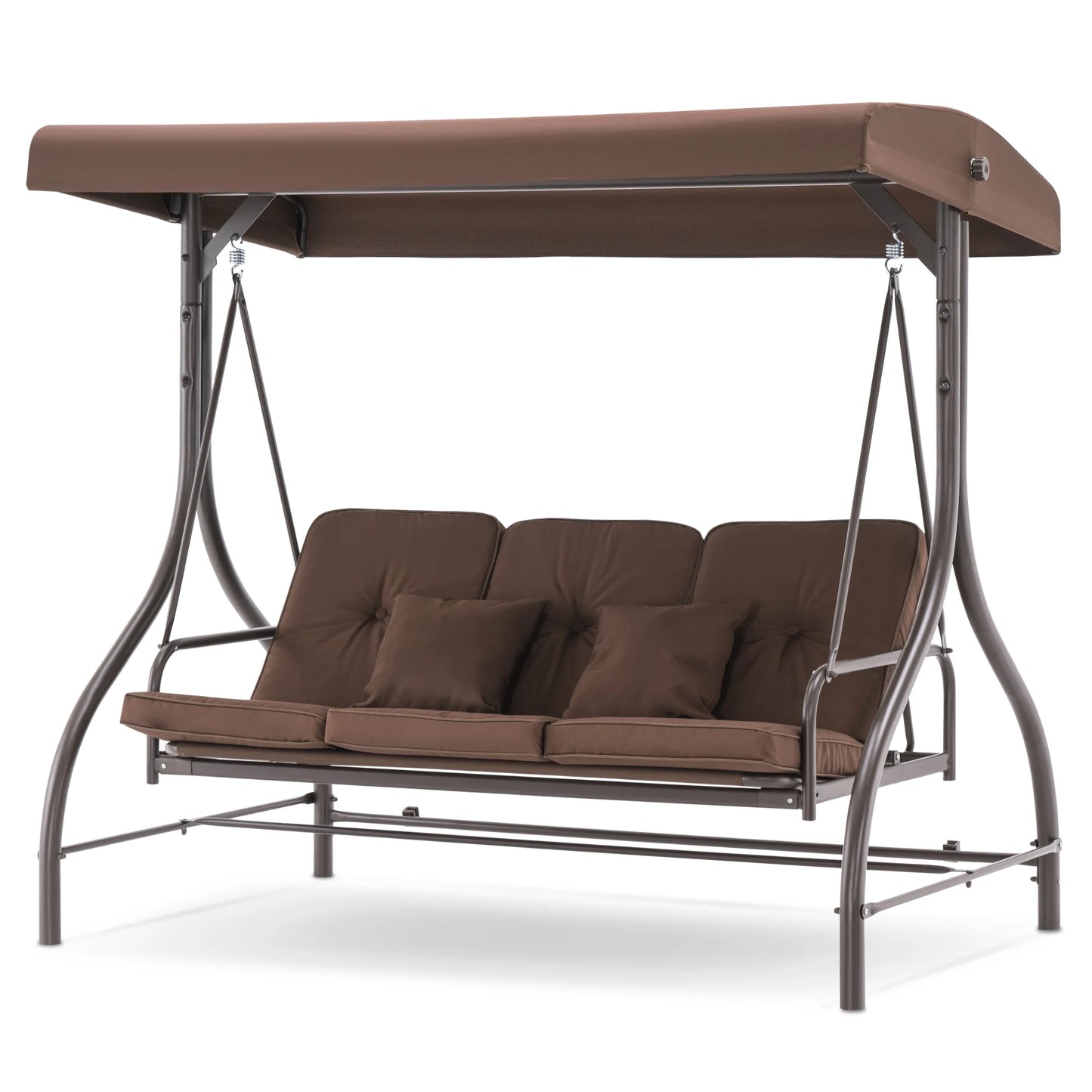 MCombo 3-Seat Outdoor Patio Swing Chair Cushioned with Adjustable Backrest and Canopy, Pillow, Brown
