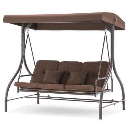 MCombo 3-Seat Outdoor Patio Swing Chair Cushioned with Adjustable Backrest and Canopy, Pillow, Brown