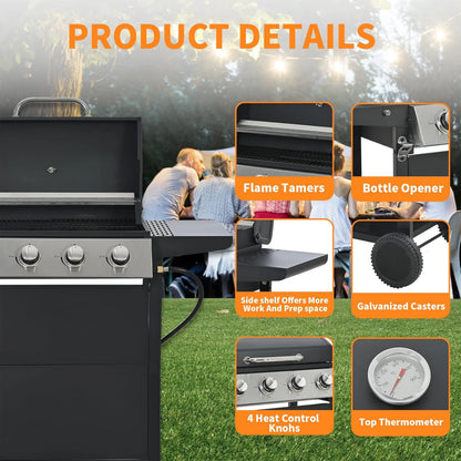 Furnibear 4 Burner BBQ Propane Gas Grill, Stainless Steel 34,000 BTU Patio Garden Barbecue Grill with Two Foldable Shelves