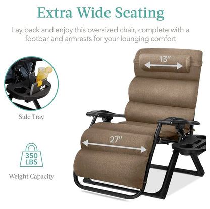 Oversized Chair, Folding Outdoor Patio Recliner, XL Anti Gravity Lounger w/Removable Cushion, Cup Holder, Side Tray, 350lb Capacity - Taupe