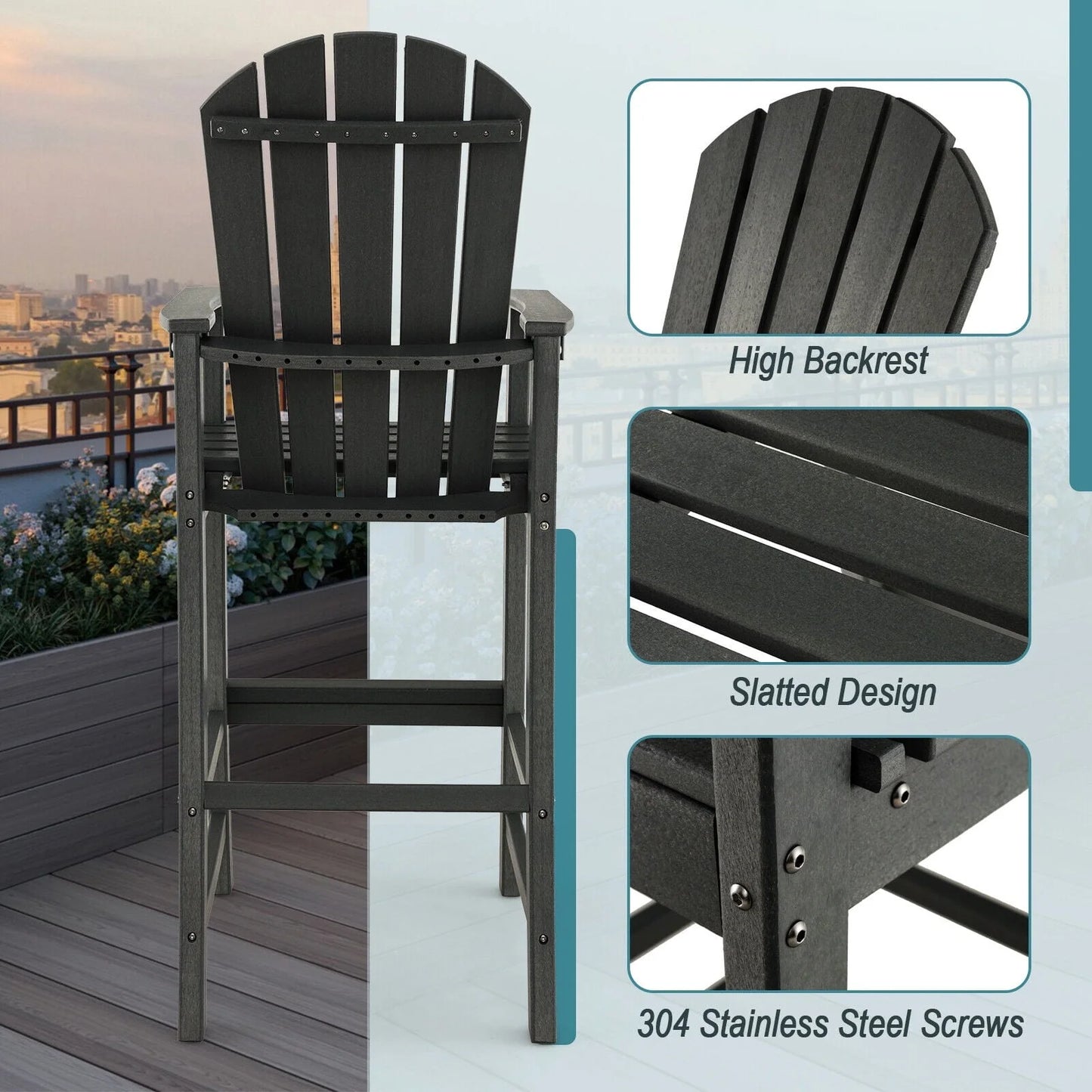 Vicamelia Patio Bar Stools Set of 2 HDPE Height Armchairs with Backrest and Footrest All Weather