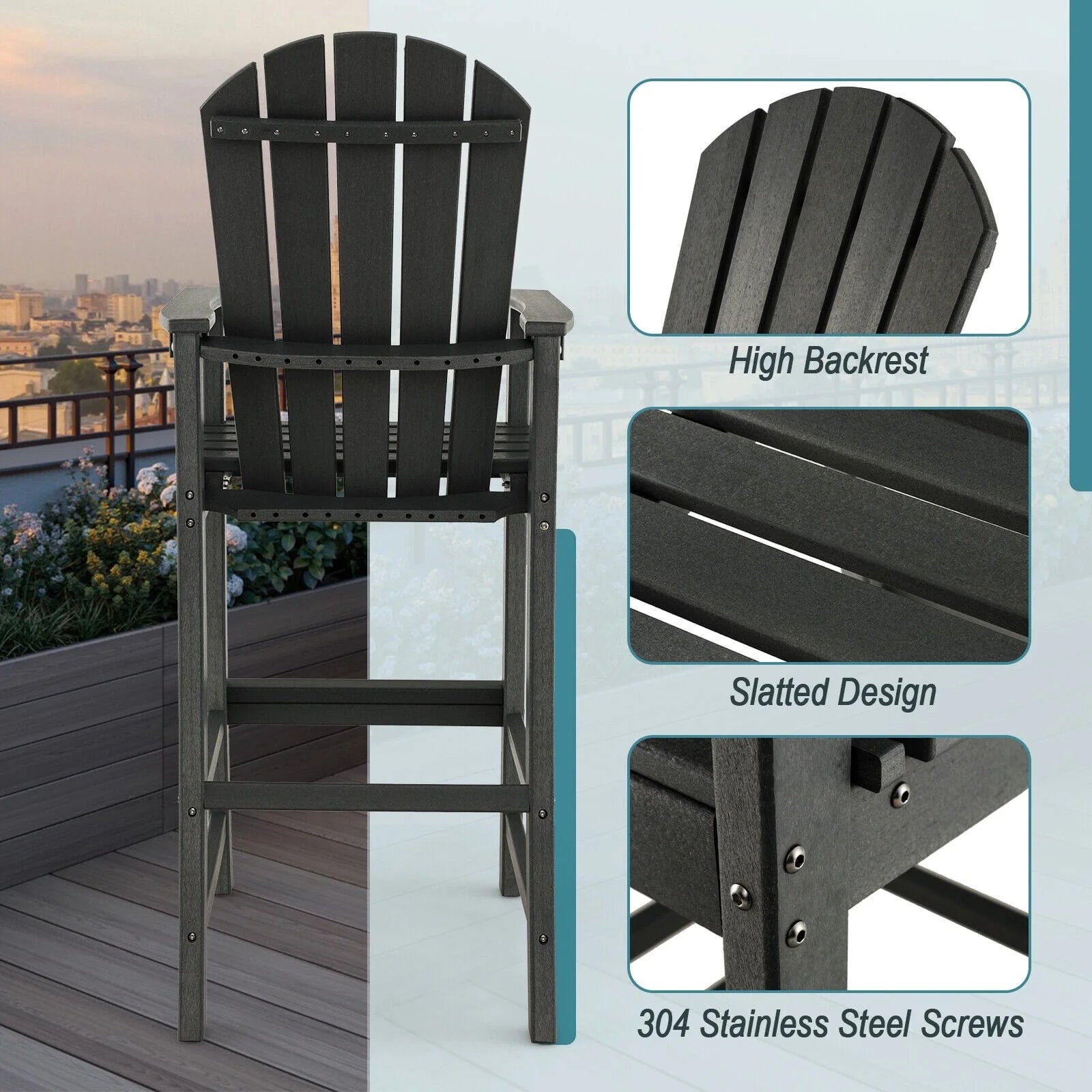 Vicamelia Patio Bar Stools Set of 2 HDPE Height Armchairs with Backrest and Footrest All Weather