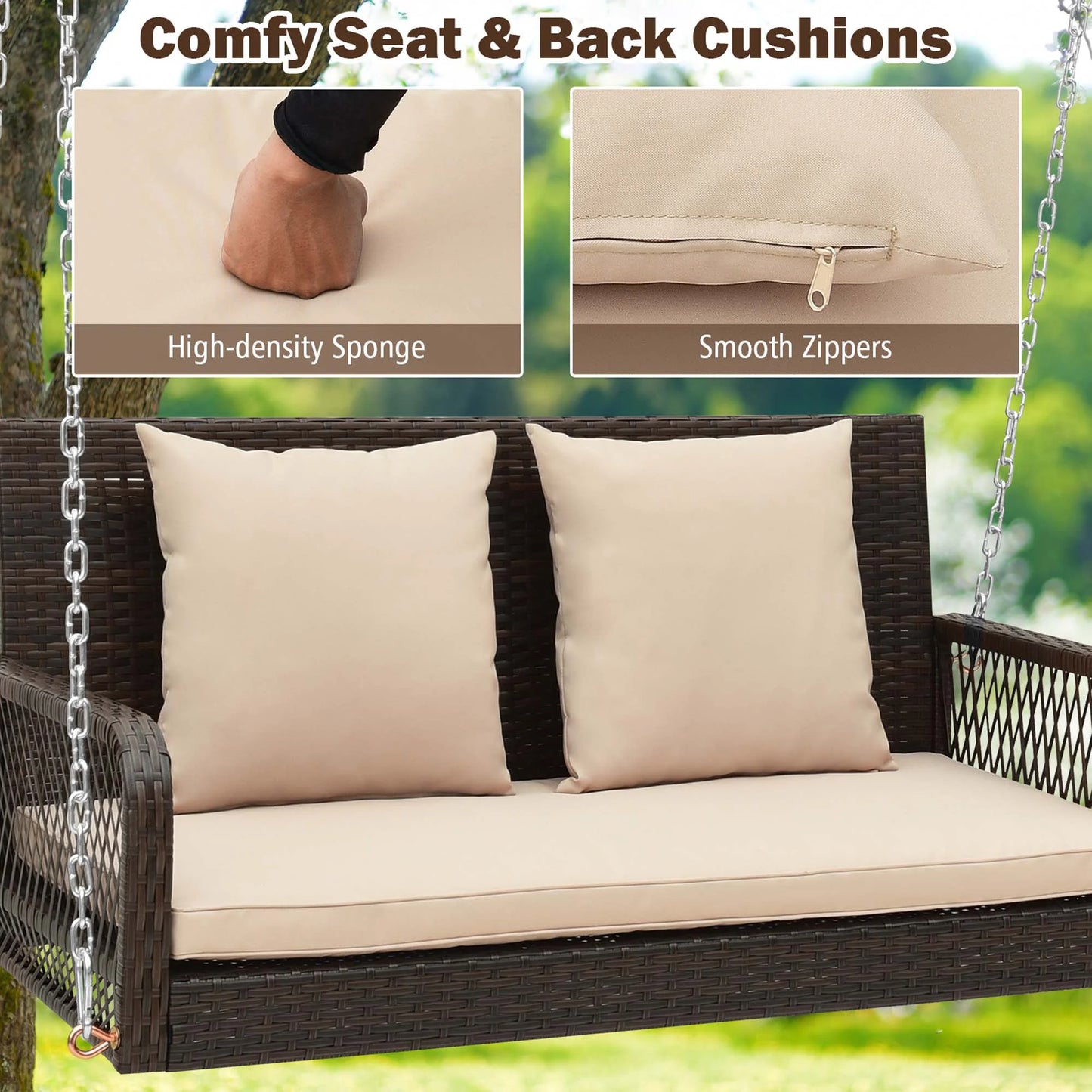 Costway Patio Wicker Porch Swing 2-Person Hanging Loveseat Bench Chair with Cushions Beige