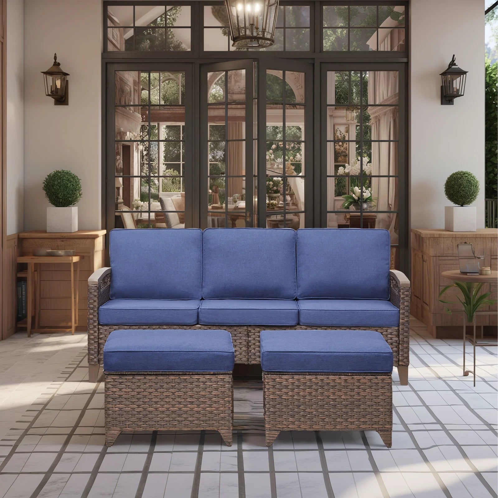 Buenhomino 5 Pieces Patio Furniture Set, Outdoor Wicker Sofa Couch with 2 Rattan Chair, 2 Ottomans and Comfy Cushions, All Weather High Back Conversation Set for Backyard Porch Garden