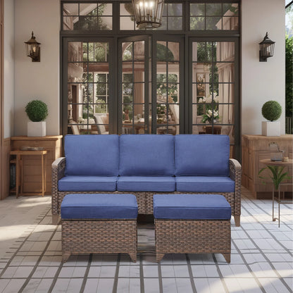 Buenhomino 5 Pieces Patio Furniture Set, Outdoor Wicker Sofa Couch with 2 Rattan Chair, 2 Ottomans and Comfy Cushions, All Weather High Back Conversation Set for Backyard Porch Garden