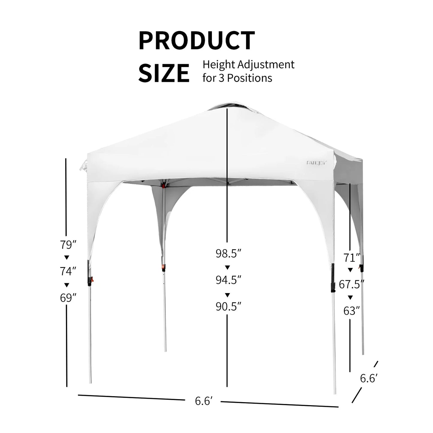 Patiojoy Pop-up Canopy Tent 6.6' x 6.6' Height Adjustable Commercial Instant Canopy w/Portable Roller Bag White