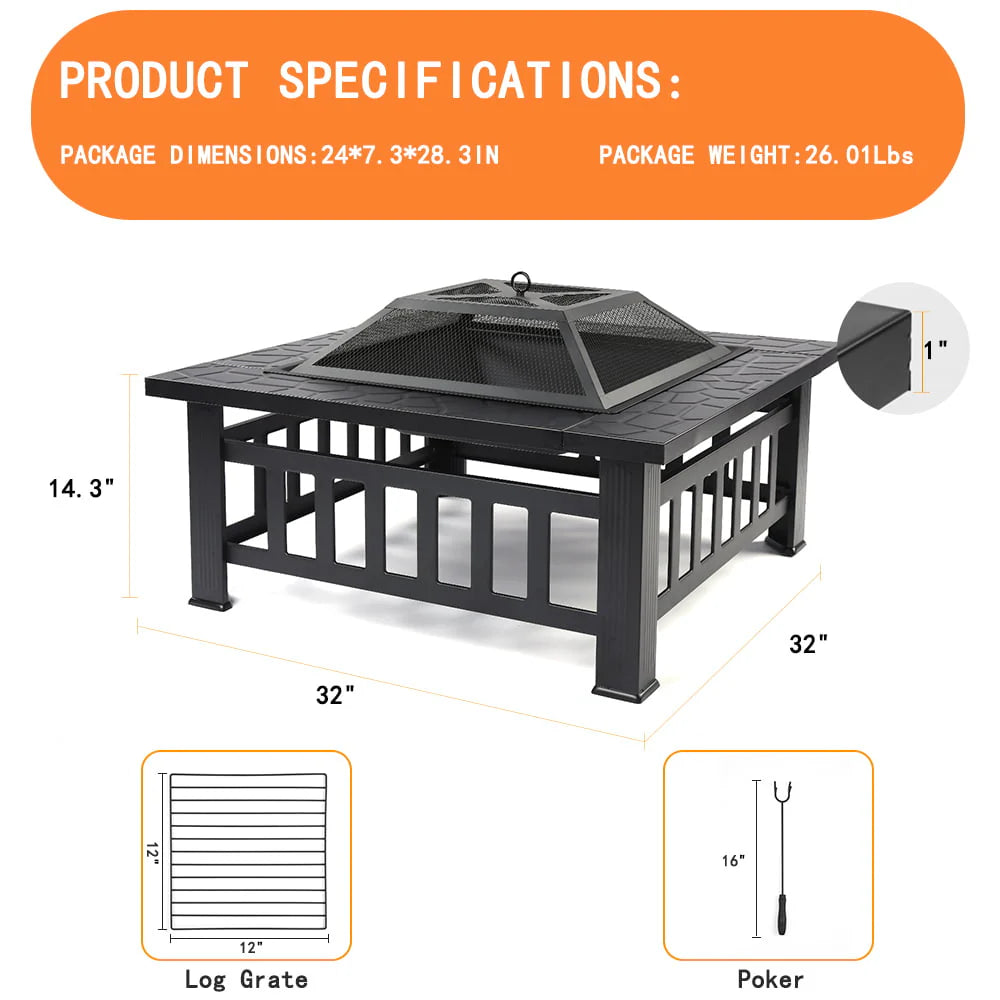 SEGMART Outdoor Fire Pit, 32" Square Metal Fire Pit Table, Stove Wood Burning Fire Pit Bowl, Spark Screen & Log Poker, Ideal for Yard Patio Beach Picnic Bonfire