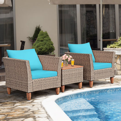 Costway 3PCS Patio Wicker Rattan Sofa Set Furniture Outdoor Acacia Wood Conversation Brown